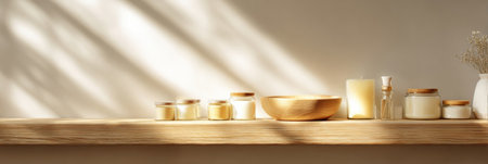 Soft sunlight illuminates a wooden shelf adorned with various candles and decor items, creating a serene and tranquil ambiance within the space.の素材