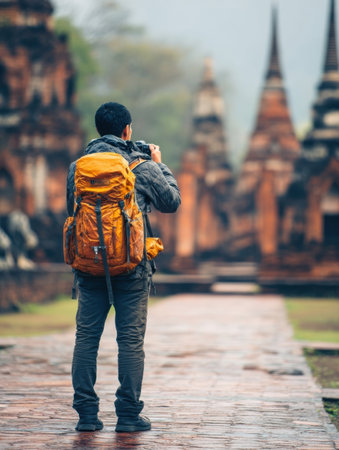 A traveler stands with a camera, admiring the intricate details of ancient temples, enveloped in a serene atmosphere and soft morning light.の素材