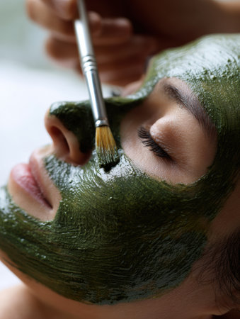 Gentle application of seaweed mask over cheek while enjoying a relaxing spa treatment, surrounded by calming tools in a pristine environmentの素材