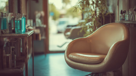 Inviting salon interior showcases a comfortable chair surrounded by soothing decor and soft lighting, creating a tranquil environment for relaxation.の素材