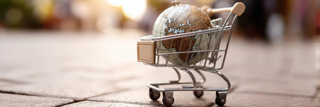 A shopping cart carries a globe, highlighting themes of global commerce and travel in a bustling market environment during daylight.の素材