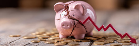 A cracked pink piggy bank surrounded by scattered coins represents financial struggles while a red line graph shows declining value, highlighting economic woes.の素材