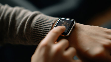A person is interacting with a smartwatch displayed on their wrist while sitting comfortably indoors, indicating a casual midday moment.の素材