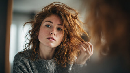 A woman carefully trims her split ends in front of a mirror, focusing on her curly hair in a cozy indoor setting filled with natural light.の素材