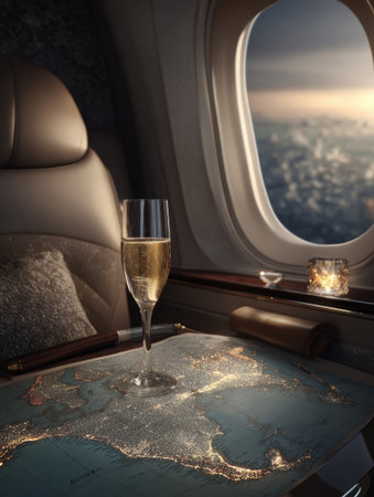 Relaxing in a comfortable airplane seat while enjoying a glass of champagne, with a stunning sunset view and a map on the table.の素材