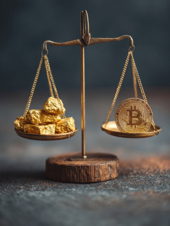 A scale displays gold nuggets on one side and a bitcoin coin on the other, symbolizing the contrast between tangible and digital assets.の素材
