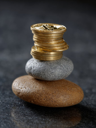 A collection of golden coins stacked neatly on two smooth stones, symbolizing balance, prosperity, and calmness in a serene environment.の素材