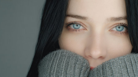 The woman gazes directly at the camera, her blue eyes captivating and thoughtful, as she gently embraces her cozy gray sweater with both hands.の素材