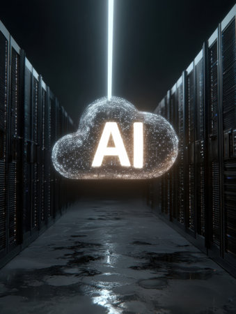 A glowing cloud symbolizing artificial intelligence hangs in a dark server room, with rows of servers creating a high-tech atmosphere.の素材