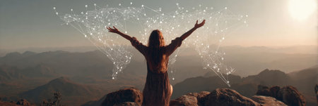 A woman on a mountain peak, arms raised, embraces glowing digital connections against a sunset backdrop and breathtaking views.の素材