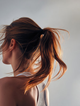 A flowing ponytail captures movement against a vibrant gradient background. The upper area is clear, allowing for added text or messaging.の素材