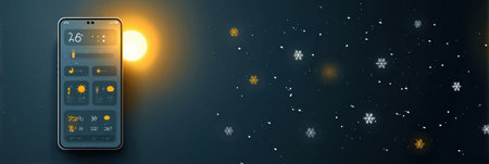 Snowflakes fall against a dark background while a smartphone shows a weather app with snow forecasts and a sun icon, indicating winter conditions.の素材