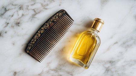 Retro comb and oil displayed elegantly on marble, showing a tactile aesthetic. Perfect setting for beauty and grooming inspiration.の素材
