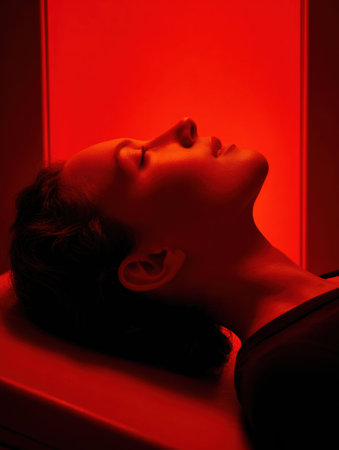 A woman rests calmly under a red light therapy lamp, experiencing soothing warmth and light while taking a moment for relaxation in a tranquil environment.の素材