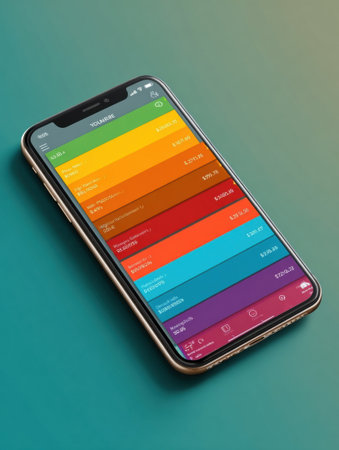 A smartphone showcases a financial application with a vibrant layout, summarizing recent transactions in distinct color bands against a smooth gradient.の素材