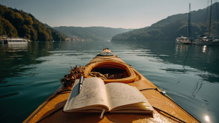 Early morning kayaking on a serene lake with a journal open on the kayak, capturing the peaceful surroundings and the beauty of nature.の素材
