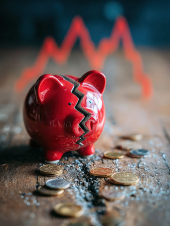 A red piggy bank sits cracked open on a wooden table, with coins spilled around it, while an economic downturn graph looms in the background.の素材