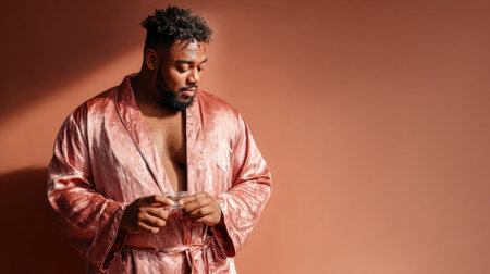 A confident man in a pink robe leans against a warm wall, casually holding a glass in a bright, stylish setting.の素材