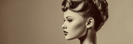 Woman with retro hairstyle poised in profile at a vintage salon, capturing the essence of classic beauty and timeless elegance from the past.の素材