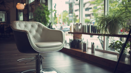 This tranquil salon space offers an inviting chair and a serene atmosphere, enhanced by soft natural light and lush greenery throughout.の素材