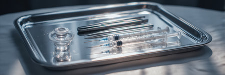 Syringes, tools, and vials are prepared for a lip filler procedure on a gleaming stainless steel tray with soft shadows enhancing the setupの素材