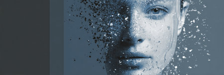 Layers of a transparent face dissolve into a clearer version, with floating particles adding depth and leaving the left area empty for contrast.の素材