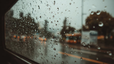 Raindrops collect on a car window, creating a dreamy effect as the gloomy urban landscape and traffic blur into the background on a rainy day.の素材