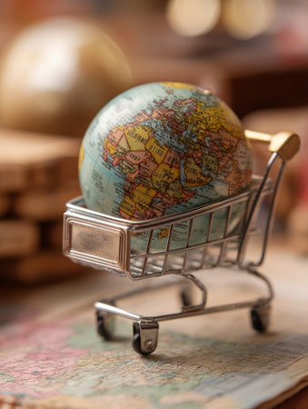 A small globe sits in a miniature shopping cart, placed on top of an antique map, symbolizing travel, commerce, and worldwide connections.の素材