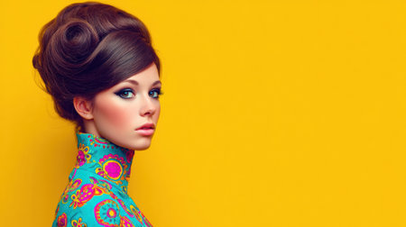 Model with a retro 70s hairstyle poses against a vivid yellow backdrop. She wears a colorful outfit and displays unique makeup, blending fashion and art.の素材