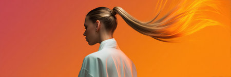 Dynamic ponytail sways gracefully against a bright gradient backdrop, showcasing movement and elegance in a visually striking manner.の素材