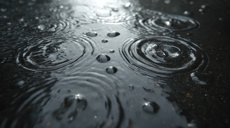 Raindrops fall continuously, forming circular ripples in the water gathered on a smooth surface during a tranquil afternoon rain.の素材