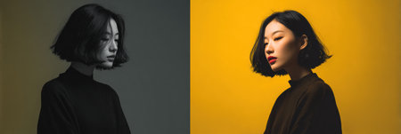 A woman poses in profile, showcasing a modern chin-length hairstyle against a vibrant backdrop, creating an engaging and artistic atmosphere for communication.の素材