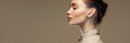 A side profile of a person showcases flowing lines that represent lymph drainage against a neutral background, emphasizing a subtle modern aesthetic.の素材