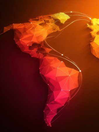 This artistic representation of a world map features a blend of warm colors and geometric shapes, illustrating global connectivity through glowing lines.の素材