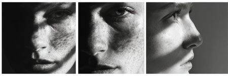 Play of light and shadow accentuates strong facial features, highlighting the beauty of textures like freckles on skin in an artistic style.の素材