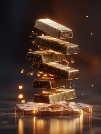 Gold bars are perfectly stacked, reflecting light and surrounded by shimmering particles that create a striking and mesmerizing atmosphere.の素材