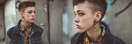 A street fashion model displays a striking haircut and unique earrings while posing in an urban setting filled with graffiti and concrete structures.の素材