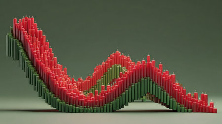Brightly colored candles in red and green form a striking wave pattern on a minimalist surface, showing creativity and design in a unique arrangement.の素材