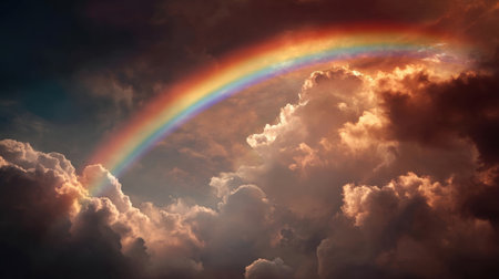 A vibrant rainbow spans across dark, moody clouds illuminated by the fading light of sunset, showing natures beauty after a rainstorm.の素材