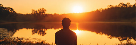 A person sits by a tranquil lake as the sun sets, casting warm golden light over the water and creating a serene atmosphere in nature.の素材
