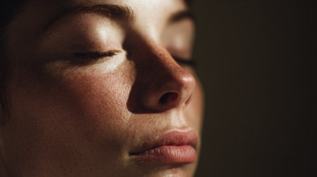 A gentle light illuminates a peaceful face with eyes closed, conveying a sense of calm and tranquility, inviting serenity and reflection.の素材