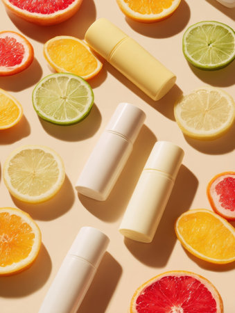Colorful citrus fruits surround skincare products, creating a refreshing vibe that highlights beauty and wellness.の素材