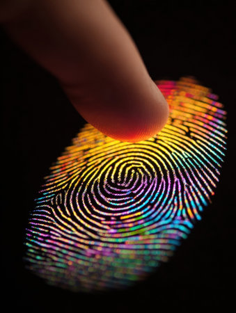 A fingertip presses against a surface displaying a vibrant, multi-colored fingerprint pattern, showing advanced biometric scanning technology.の素材