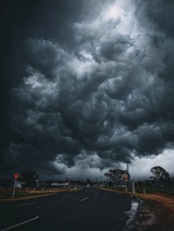 Ominous clouds fill the sky above a quiet rural road as a storm approaches. Trees and road signs are visible, signaling a change in weather.の素材