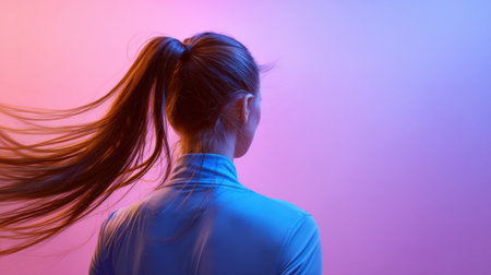 A vibrant gradient backdrop highlights a ponytail in motion, capturing the essence of movement and energy during a dynamic activity.の素材