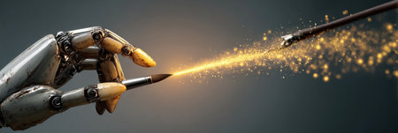 A robotic hand touches the tip of a paintbrush, releasing a burst of sparkling light, symbolizing the fusion of technology and creativity in art.の素材