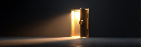 A door stands ajar, emitting a warm glow in an otherwise dark environment, suggesting hidden potential and inviting curiosity into the unknownの素材
