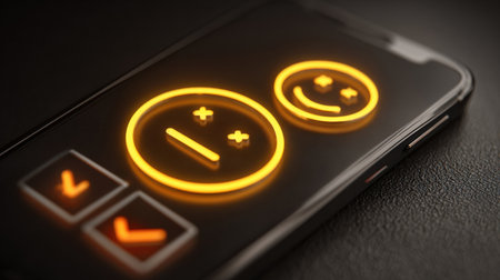 A smartphone screen shows two glowing emoticons, one neutral and one smiling, set against a dark backdrop, creating a modern and sleek appearance.の素材