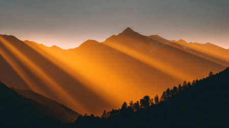 Golden rays of sunlight filter through mountain peaks at sunrise, casting a serene glow over the tranquil landscape, enhancing the natural beauty.の素材