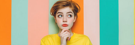 A young woman with a playful expression rests her chin on her hand, contemplating ideas while surrounded by vibrant stripes in a stylish environment.の素材